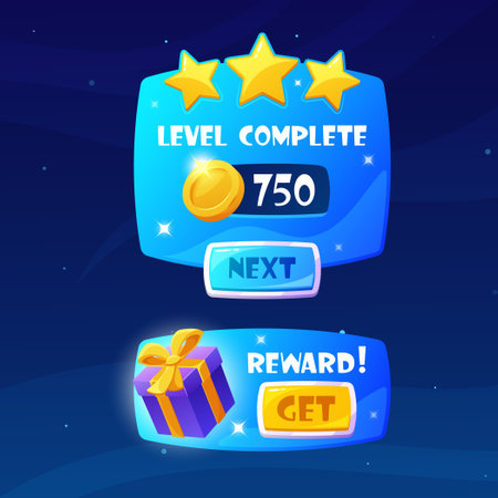 Level Complete Space Game Menu Element, Displays After Successfully Finishing A Game Level, Showcasing Achievementsのイラスト素材
