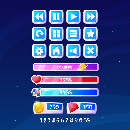 Space Game Menu Buttons. Interactive Icons That Allow Players To Navigate Through Different Options, Vector Setのイラスト素材