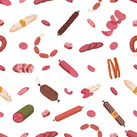 Seamless Pattern Featuring Delicious Sausages. Quirky Creative Tile Background with Delicatessen, Vector Illustrationのイラスト素材