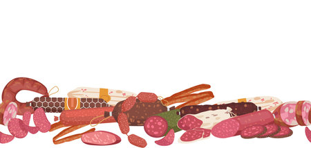 Seamless Pattern with Sausages Arranged In A Repeating Design. Playful And Unique, Horizontal Border or Wallpaperのイラスト素材