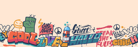 Dynamic Seamless Pattern Featuring Graffiti Elements Creatively Arranged, Horizontal Border with...