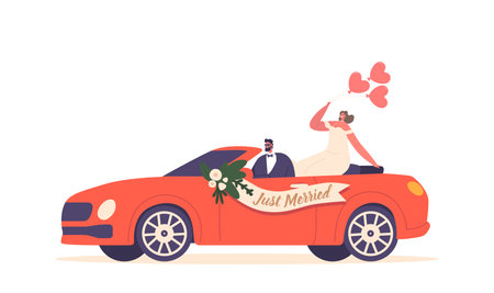 Newlyweds Drive A Decorated Car, Celebrating Their Marriage With Just Married Sign, Symbolizing Their Joyous Journeyのイラスト素材