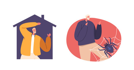 Male Characters with Claustrophobia and Arachnophobia Mental Diseases. Men Afraid of Closed Spaces and Spidersのイラスト素材