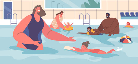 Qualified Instructor Characters Teach Fun And Engaging Swimming Lessons For Kids, Focusing On Water Safetyのイラスト素材