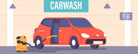 Automobile in Car Wash Service Offering Thorough Cleaning, Waxing, And Interior Detailing with Special Equipmentのイラスト素材
