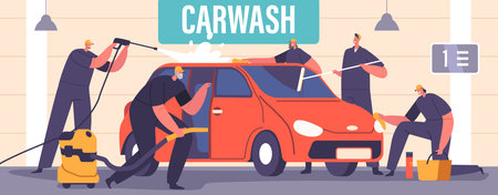 Car Wash Service Concept. Workers Characters Wearing Uniform Lathering Automobile with Sponge and Pouring with Waterのイラスト素材