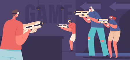 Group Of Friends Immerse In Virtual Reality Game, Characters Wielding Virtual Guns, Collaborating To Defeat Enemiesのイラスト素材