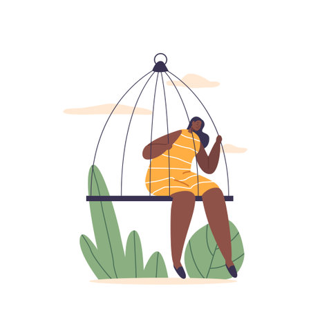 Woman Sits Solemnly Within A Confining Cage, Her Expression Reflecting A Mix Of Vulnerability And Longing For Freedomのイラスト素材
