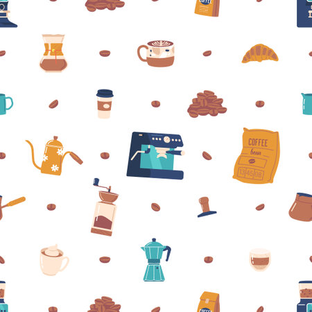 Seamless Pattern Featuring Intricately Designed Coffee Machines And Coffee Beans, Creating A Visually Appealing Motifのイラスト素材