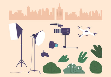 Complete Photo And Video Shoot Set Includes Camera, Lenses, Tripod, Lighting Kit, Backdrop, Reflectors, And Droneのイラスト素材