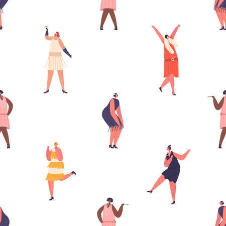 Seamless Pattern Featuring Retro Girls Dancing In Vibrant Poses, Capturing The Essence Of Vintage Danceのイラスト素材