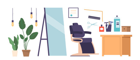 Barber Shop Icons Includes Mirror, Chair, Scissors, Razors, Combs, Brushes, Retro Lamps, Clippers, And Styling Productsのイラスト素材