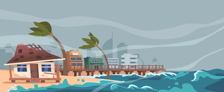 Powerful Hurricane, Brewing At Sea Near A Coastal City, Threatens Devastation With Its Raging Winds And Torrential Rainsのイラスト素材