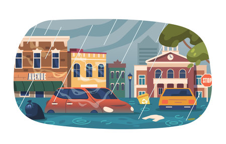 Isolated Element With Submerged City, Chaos Reigns. Torrential Rains, Swollen Rivers, Submerged Streetsのイラスト素材