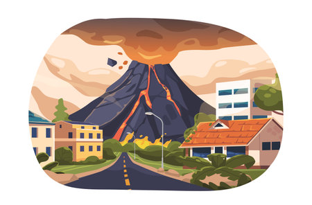 Isolated Element With Volcanic Eruption Engulfed The City In A Fiery Catastrophe, Spewing Ash And Molten Lavaのイラスト素材