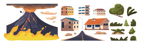Set of Icons Volcanic Eruption. Erupting Volcano with Molten Lava and Gas Cloud, Fire, Road, City Buildings, Treesのイラスト素材