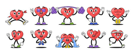 Whimsical Set Of Cartoon Heart Characters, Each Uniquely Expressive And Adorable, Showcasing A Range Of Emotionsのイラスト素材