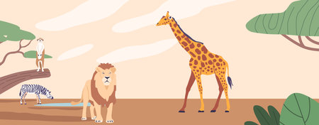 Vibrant African Savanna, Bathed In Golden Sunlight, Teeming With Diverse Wildlife, Graceful Giraffes, Majestic Lionのイラスト素材