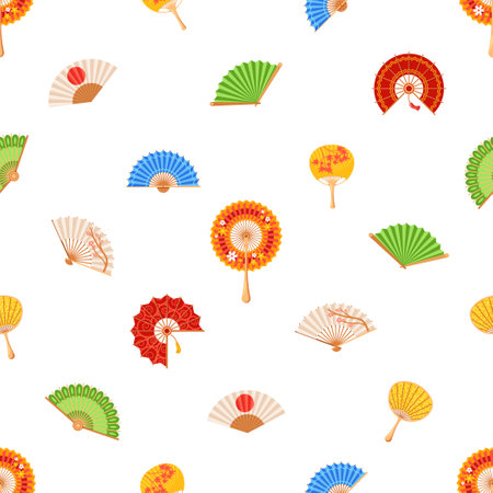 Elegant Asian Fans Dance Gracefully Across A Seamless Pattern, Their Intricate Designs And Vibrant Colors Tile Wallpaperのイラスト素材