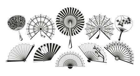 Black and White Asian Fans Isolated Icons. Elegant, Handcrafted Treasures Made Of Delicate Materials Vector Illustrationのイラスト素材