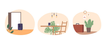 Home Interior With Luggage At The Door And Cafe Table, Evokes A Poignant Farewell Or The Closing Chapter Of Relationshipのイラスト素材