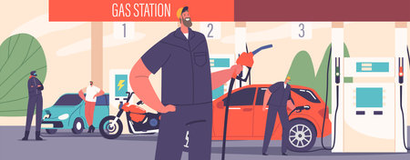 Gas Station Worker Character Fuels Vehicles, Handles Transactions, And Maintains Equipment Vector Illustrationのイラスト素材