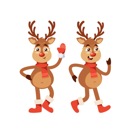 Cheerful Christmas Deer Character, Adorned With Red Gloves, Scarf And A Bright Red Nose, Embodies The Festive Spiritのイラスト素材