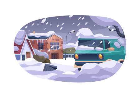 Isolated Element Depicting Dangerous Blizzard At Countryside Town With Houses, Trees And Cars Covered With Heavy Snowのイラスト素材
