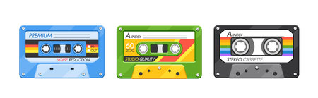Vintage Audio Cassettes Collection In Blue, Green And Black Colors And Various Designs. Nostalgic Analog Tapesのイラスト素材
