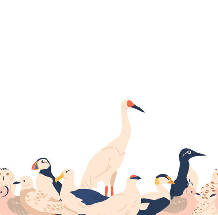 Seamless Pattern With Arctic Birds, Puffin, Snowy Owl, Arctic Tern, Common Eider, Guillemot, Sanderling, Gullのイラスト素材