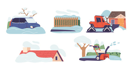 Set of Elements Snowy Cottage Roof, and House Yard, Car Covered with Freshly Fallen Snow, Heavy Machine and Blowerのイラスト素材