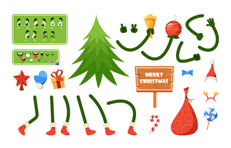 Cartoon Christmas Spruce Character Creation Kit. Constructor Set with Body Parts, Legs, Arms, Face Emotionsのイラスト素材