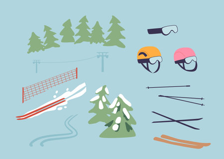 Mountain Slalom Items Sturdy Skis, Agile Poles, And A Snug-fitting Helmet, Glasses And Snowboards, Vector Illustrationのイラスト素材