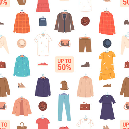 Stylish Seamless Pattern Adorned With Sale Offer Clothes. Tile Background Perfect For Fashion Promotionsのイラスト素材