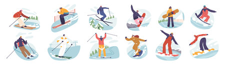 Set Of Slalom Sportsmen Characters Skillfully Navigate Twisting Course, Their Precision And Agility On Full Displayのイラスト素材