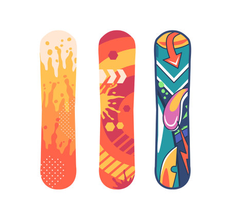 Snowboards, Sleek, Flat Boards Designed For Gliding On Snow. Vital Tools For Thrilling Winter Sports Vector Illustrationのイラスト素材