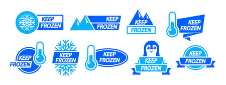 Set Of Frozen Product Labels Featuring Keep Frozen Badges For Packages, Refrigerator And Freezer Storage, Vector Iconsのイラスト素材