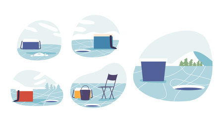 Set of Winter Fishing Landscapes. Frozen Lake Glistening Under A Crisp, Blue Sky. Snow-dusted Shore, Ice-fishing Boxesのイラスト素材