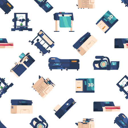 Seamless Pattern Featuring Printers And Plotters, Showcasing Tech-savvy Design With Modern Technological Devicesのイラスト素材