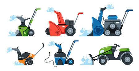 Set of Snow Plow Vehicles Equipped With Snowplows To Clear Roads, Driveways, And Sidewalks During Winterのイラスト素材