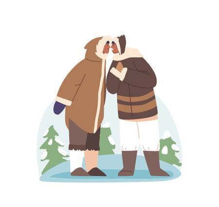 Eskimo Tradition Scene, Inuit Characters Greeting With A Friendly Nose-to-nose Touch. A Warm Gestureのイラスト素材