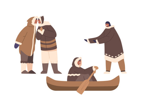Isolated Eskimo Characters Riding Boat, Greeting Each Other With Nose-to-nose Touch, Gesturing. Inuit People Lifestyleのイラスト素材