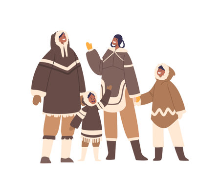 Eskimo Family, Cheerful Parents And Children Characters Stand, Bundled In Furs, Waving Hands, Exemplifying Warmthのイラスト素材