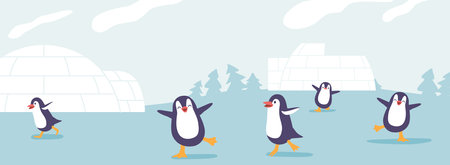 Adorable Penguins Frolic Near Their Cozy Igloo, Creating A Heartwarming Winter Scene. Nature Playfulness On Displayのイラスト素材