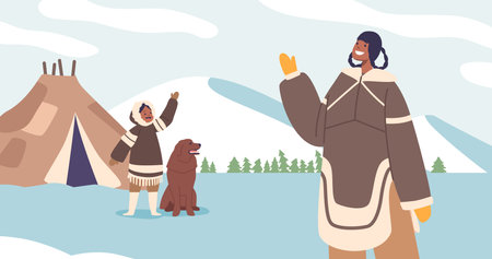 Eskimo Mother And Her Little Child, Wrapped In Warm Furs, Stand Near Their Yurt, Waving Hands With Smiles Radiate Loveのイラスト素材