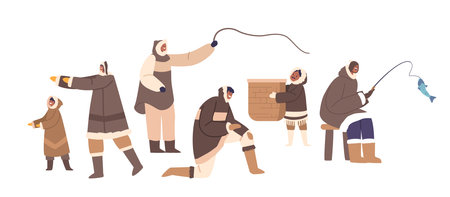 Eskimos People Isolated On White Background. Traditional Lifestyle Centered Around Hunting, Fishing, Vector Illustrationのイラスト素材