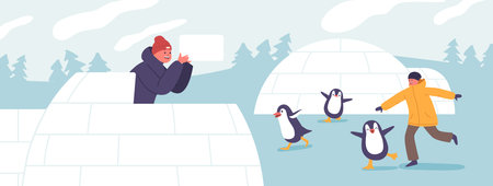 Joyful Children Frolic With Penguins And Building Igloo, Their Laughter Echoing In A Winter Wonderland Camp, Vectorのイラスト素材