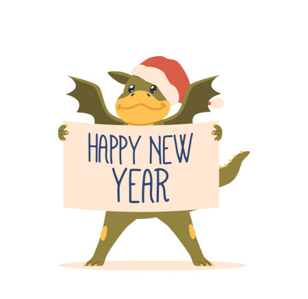 Cartoon Dragon with Mischievous Grin, Symbol of 2024 Holding Happy New Year Banner, Embodies Playful Charmのイラスト素材