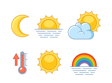 Sunny Weather Forecast Icons. Collection Of Bright And Cheerful Symbols, Depicting Clear Skies, Shining Sun, Rainbowのイラスト素材