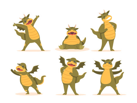 Set of Cute Cartoon Dragons, Symbol of 2024 Year. Playful Fantasy Animals Symbolize Strength, Wisdom And Good Fortuneのイラスト素材